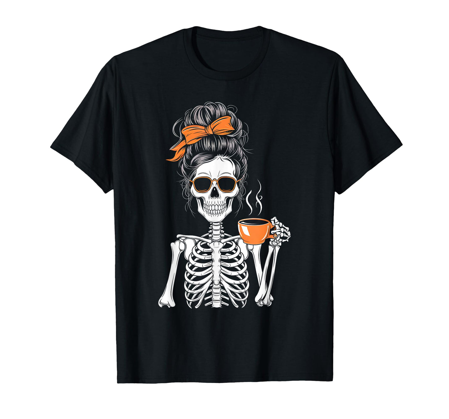 Halloween Skeleton Messy Bun Coffee Funny Costume Mom Women T-Shirt