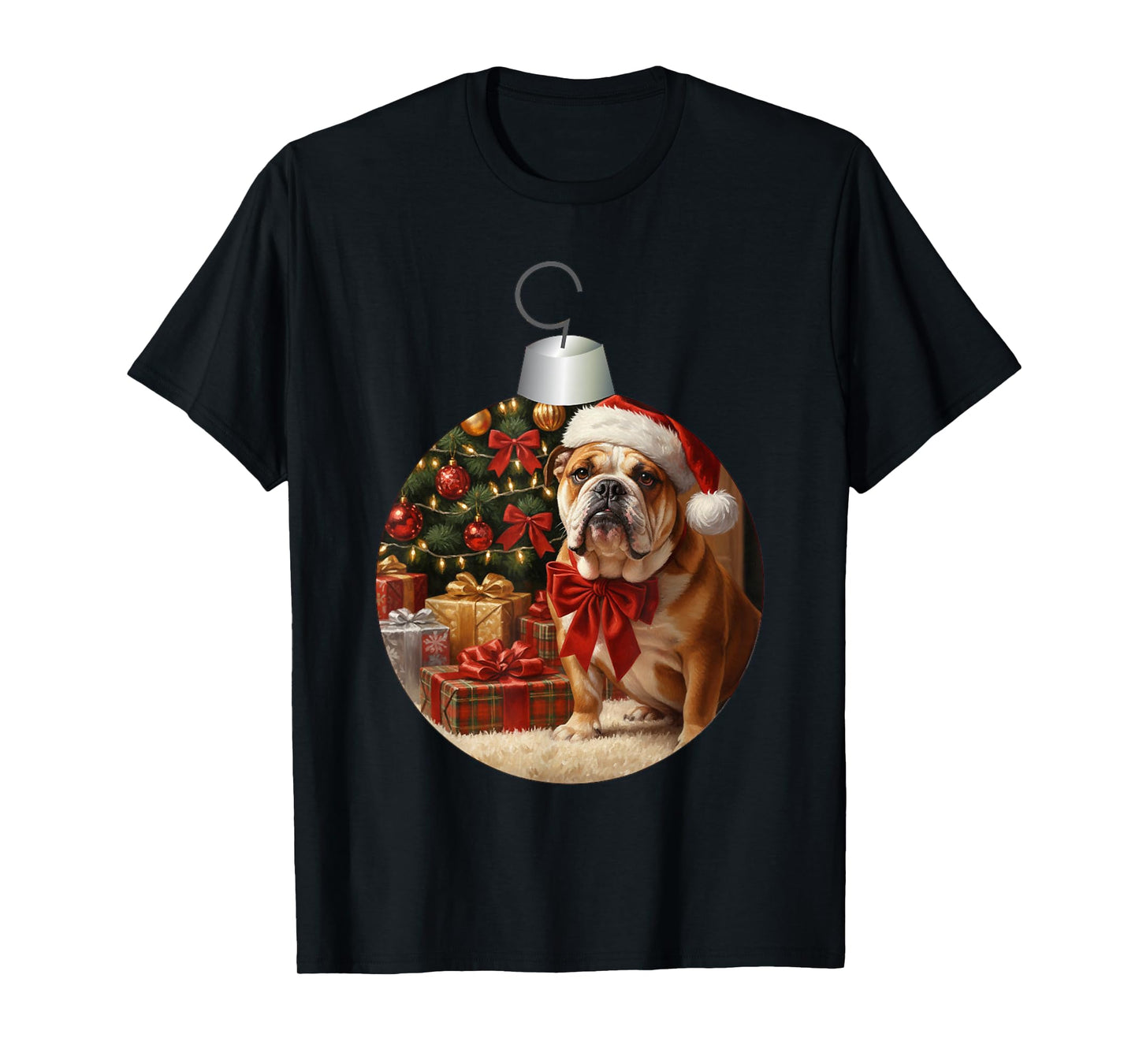English Bulldog Dog Christmas Tree Ornament Santa Bow Cute T-Shirt