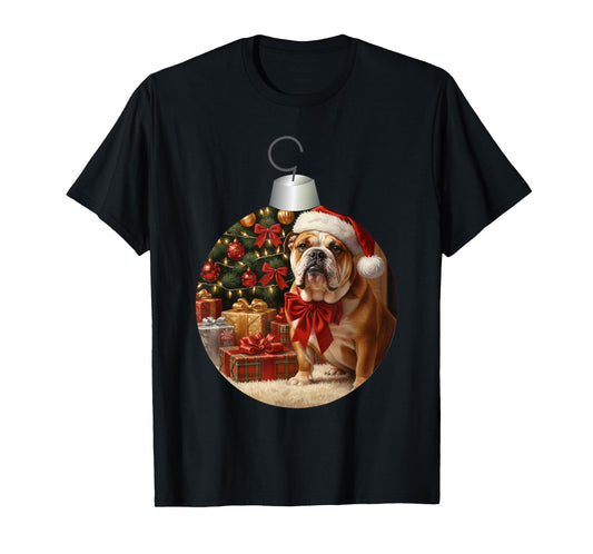 English Bulldog Dog Christmas Tree Ornament Santa Bow Cute T-Shirt