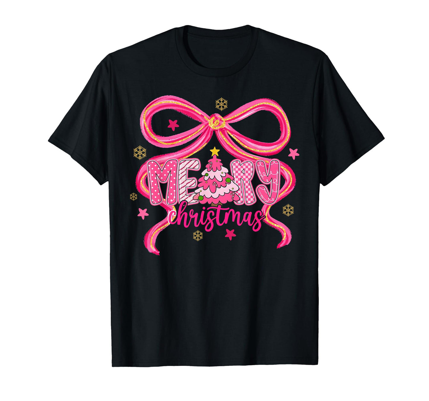 Preppy Merry Christmas Coquette Pink Checkered Xmas Girly T-Shirt
