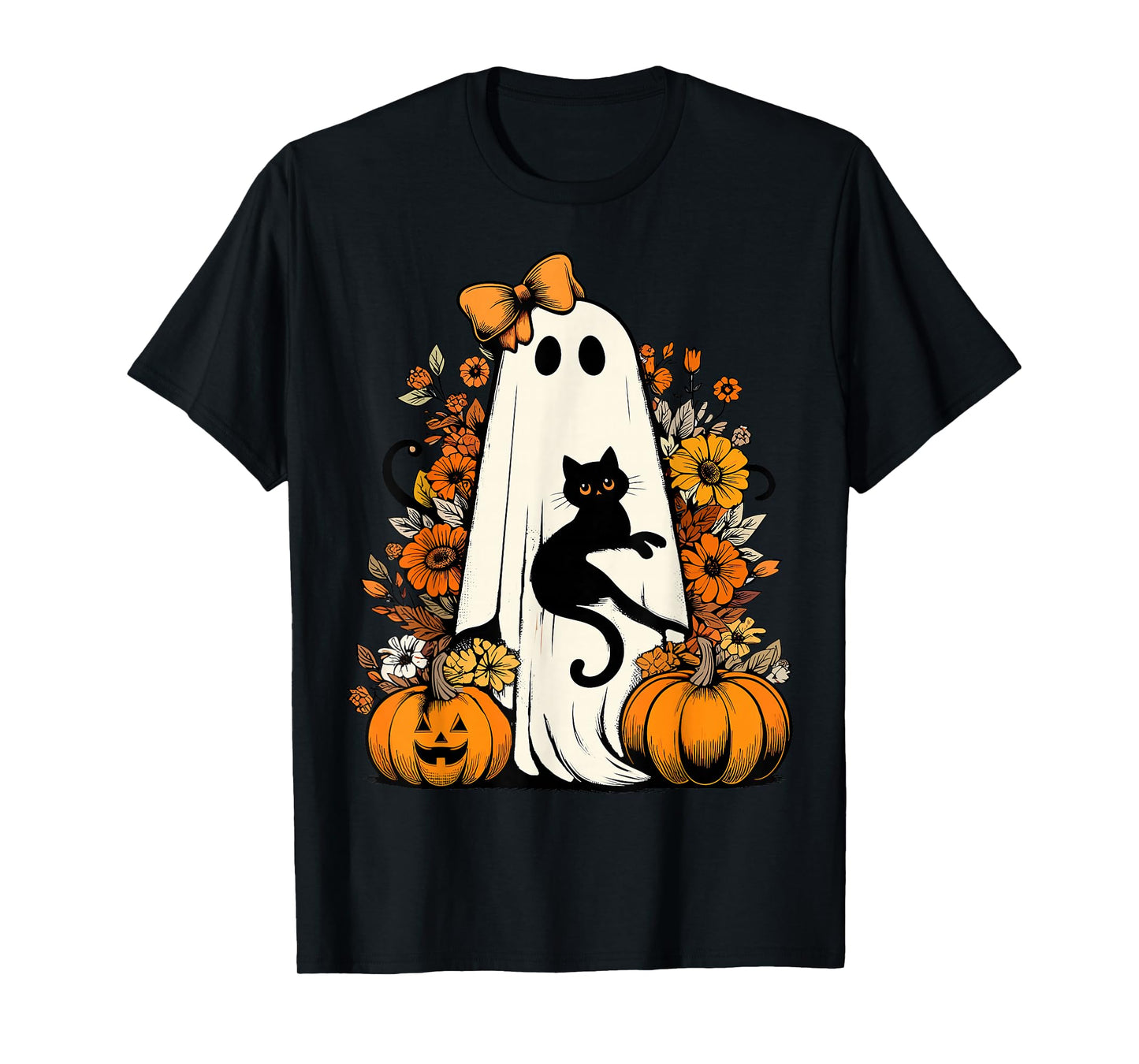 Retro Halloween Ghost Holding Black Cat Floral Halloween Cat T-Shirt
