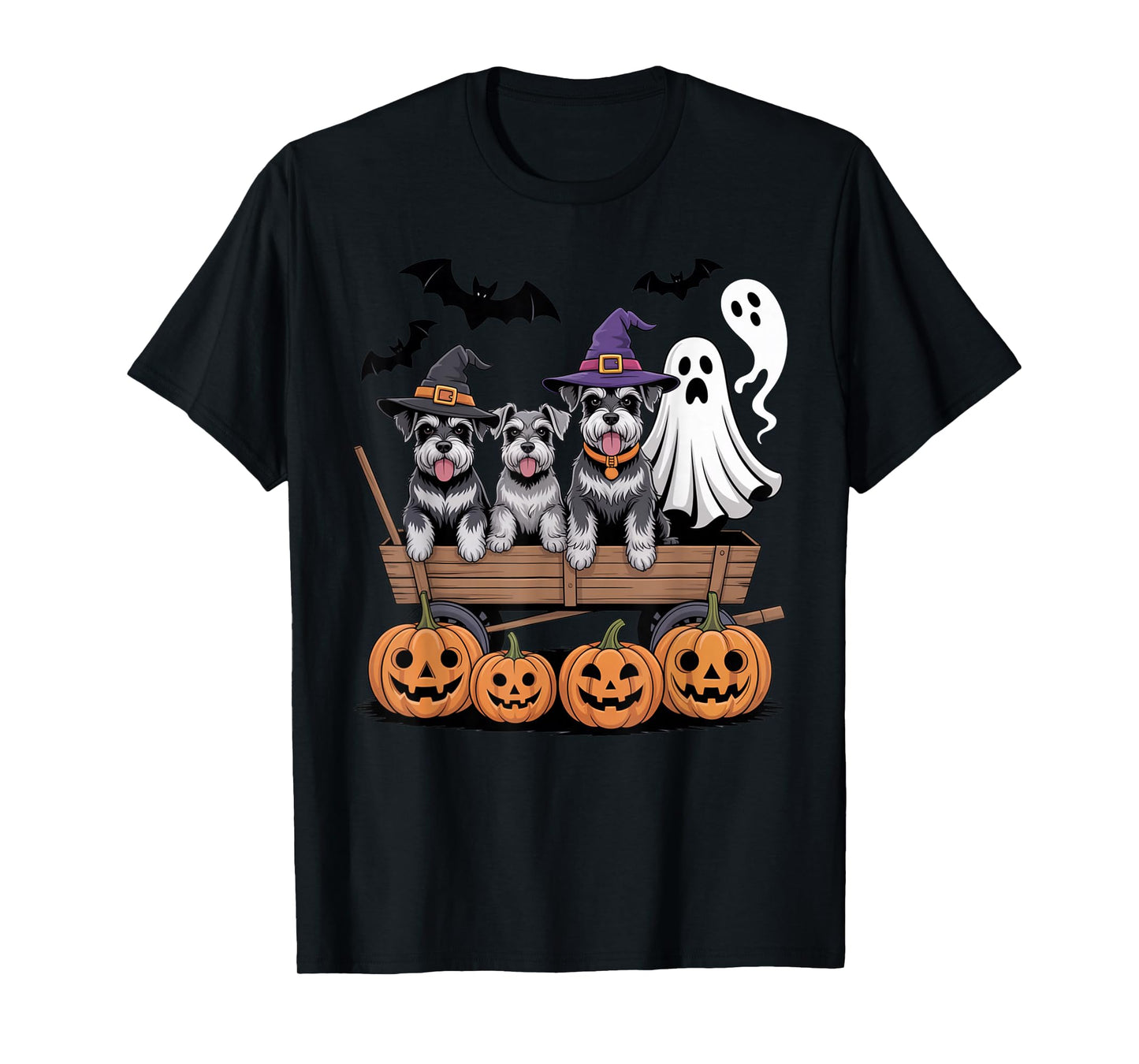 Schnauzer Halloween Wagon Ghost Witch Hats Bats Pumpkins T-Shirt