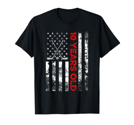 10 Year Old Shirt 10th Birthday USA Flag Hockey Shirt T-Shirt for Women Kids Men