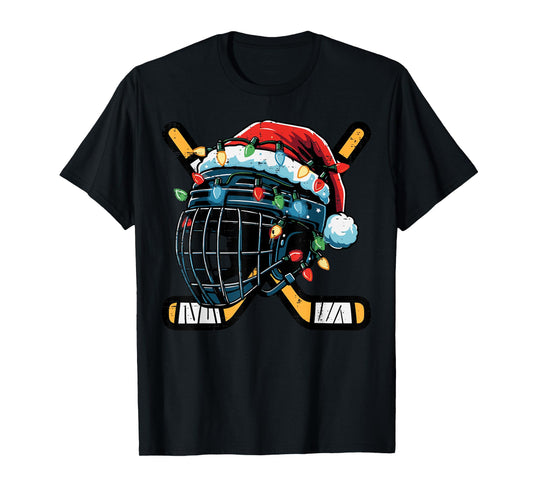 Christmas Ice Hockey Helmet Santa Xmas Men Boys Kids Teen T-Shirt