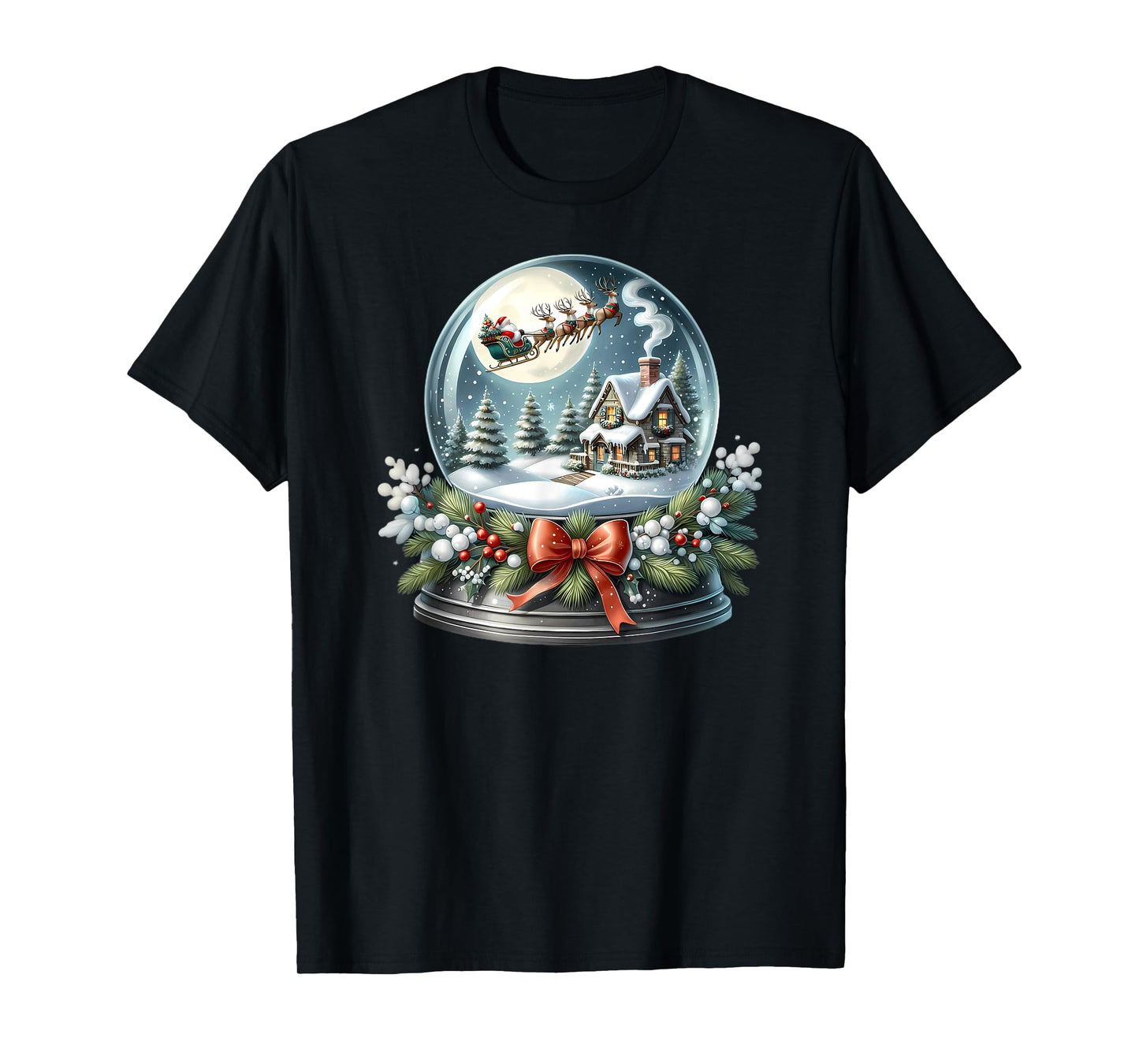 Santa Sleigh Over Cozy Snow Globe Scene T-Shirt