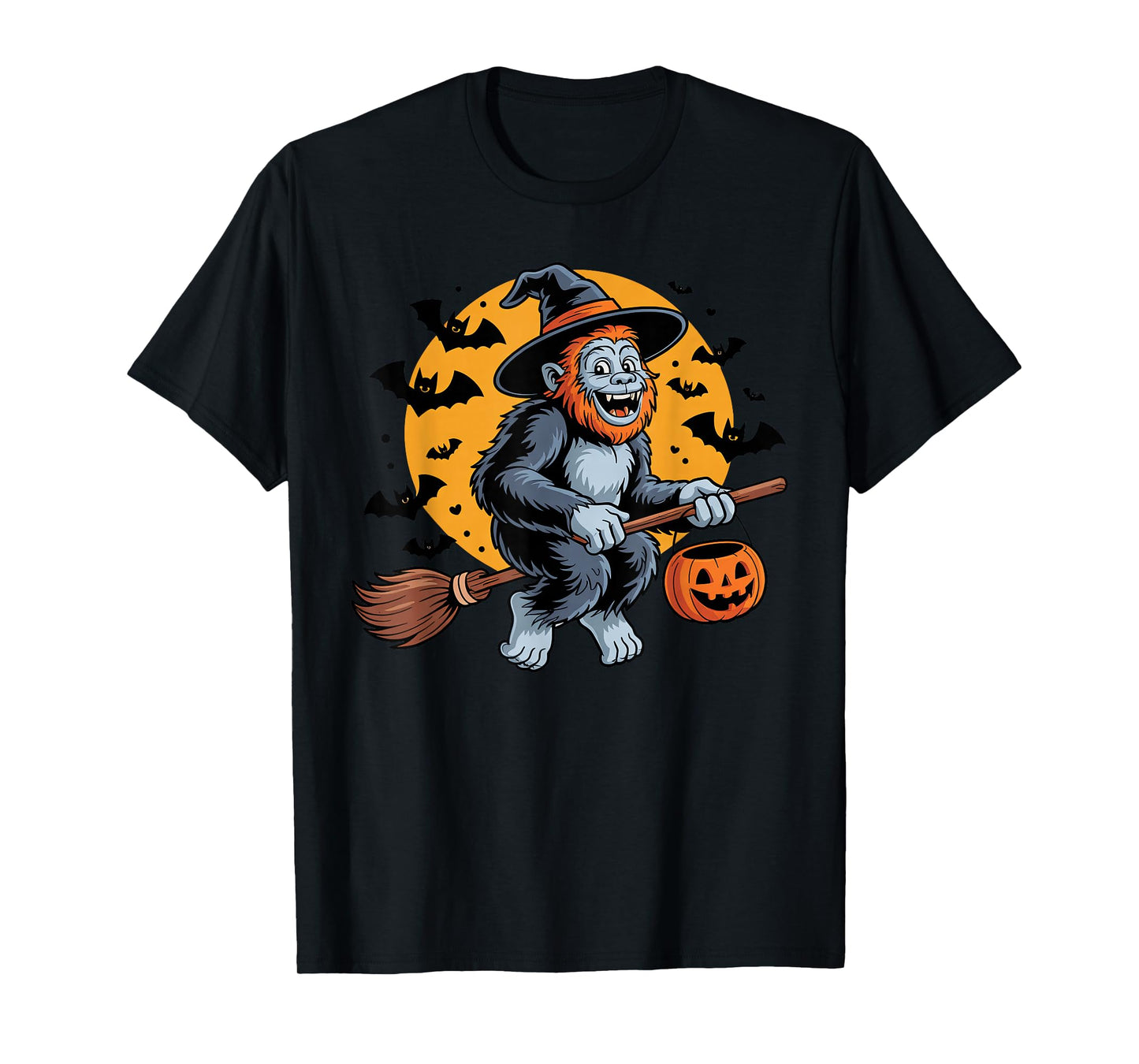 Cute Bigfoot Witch Riding Broom Halloween Pumpkin Kids Boys T-Shirt