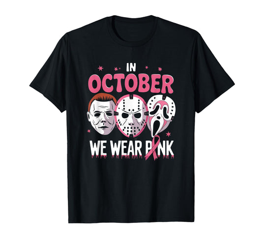 In October We Wear Pink Ghost Halloween Cancer Awareness tee T-Shirt