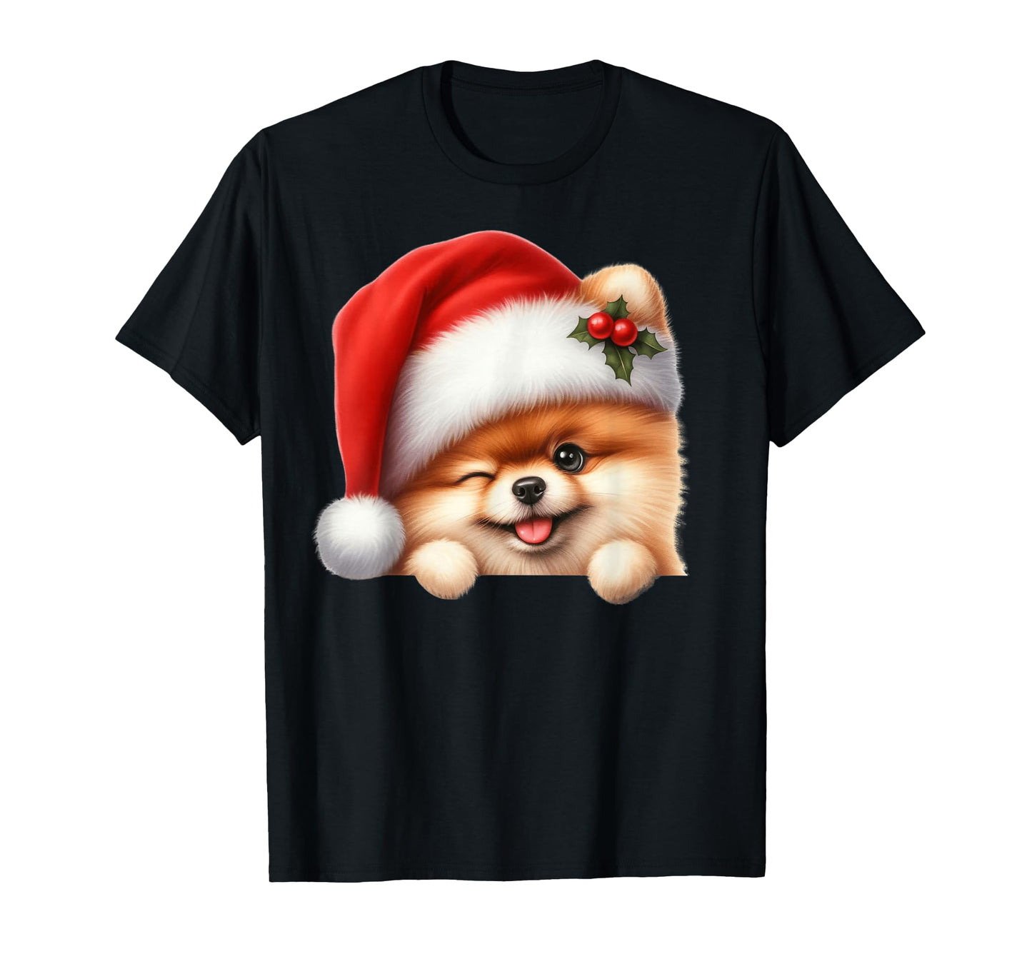 Pomeranian Dog Christmas Santa Hat Dog Mom Dad Pom Pom T-Shirt