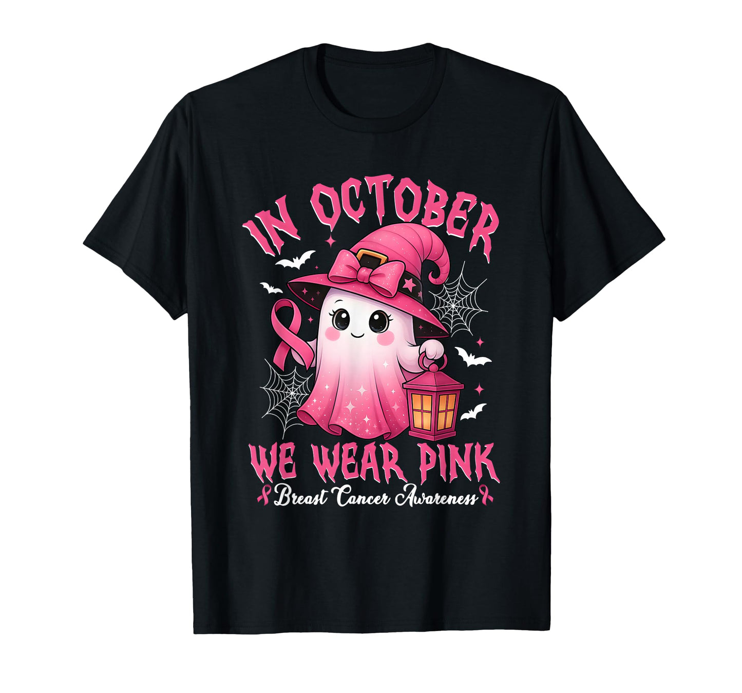 in October We Wear Pink Ghost Witch Breast Cancer Awareness T-Shirt