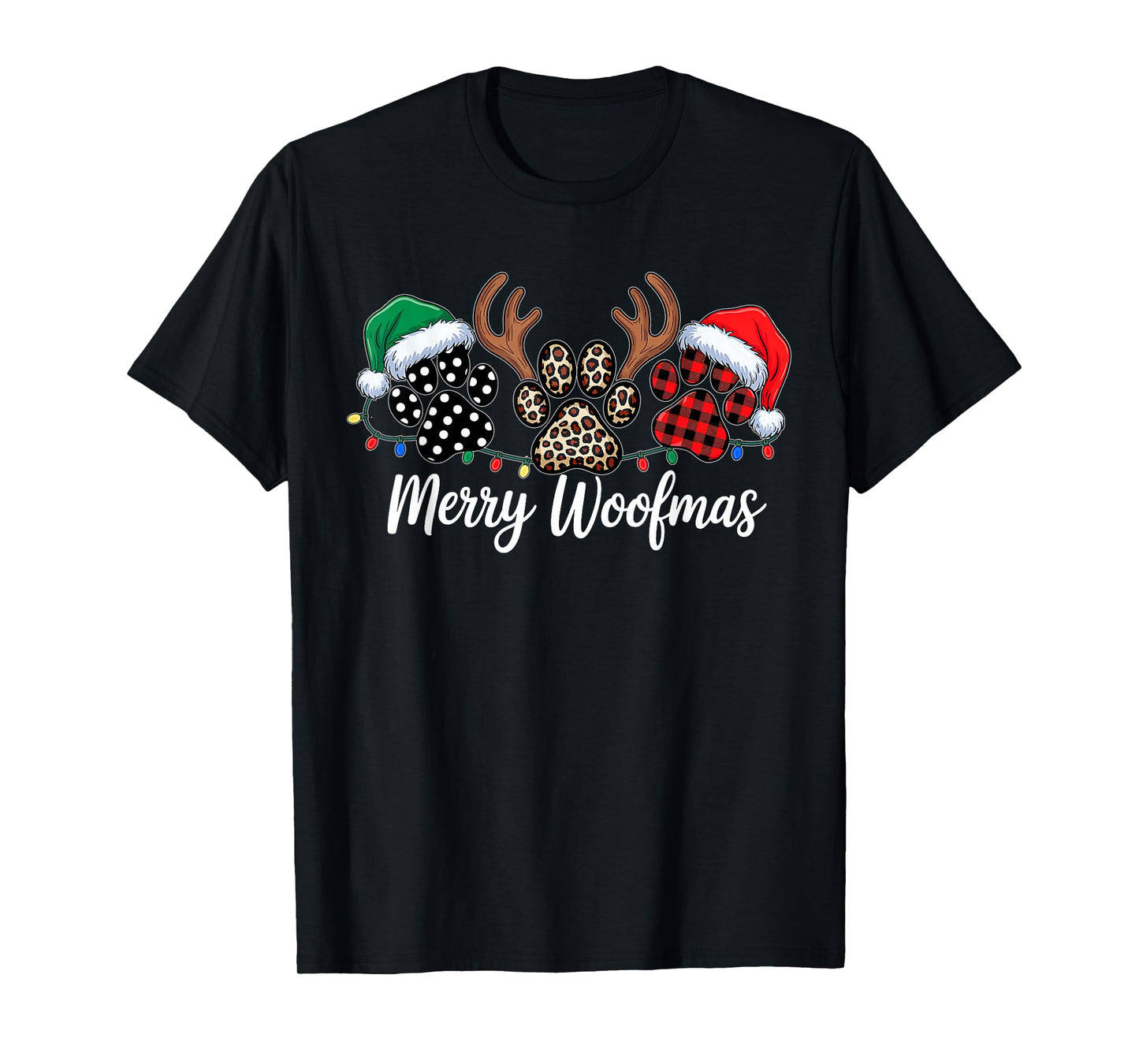 Merry Woofmas Christmas Dog Paws Buffalo Plaid Xmas Lights T-Shirt
