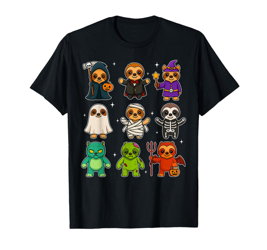 Cute Sloths Witch Pumpkin Skeleton Costume Happy Halloween T-Shirt