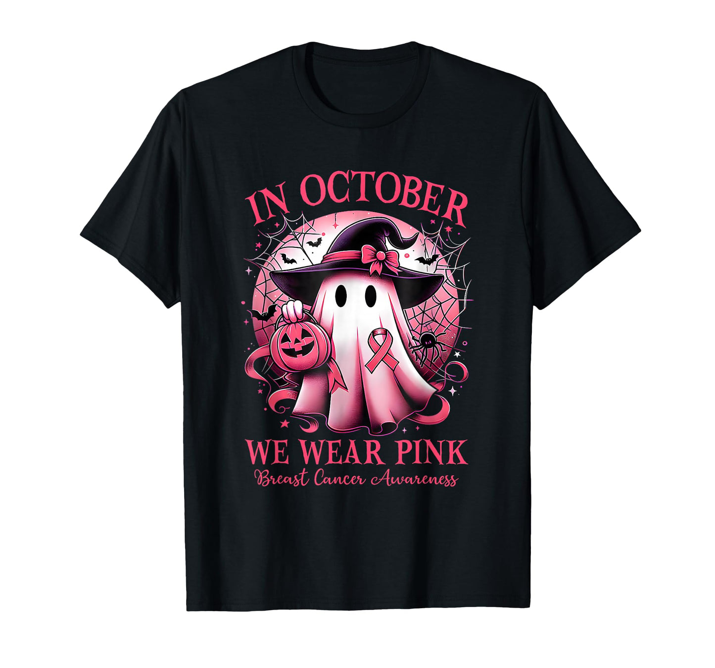 in October We Wear Pink Witch Ghost Breast Cancer T-Shirt