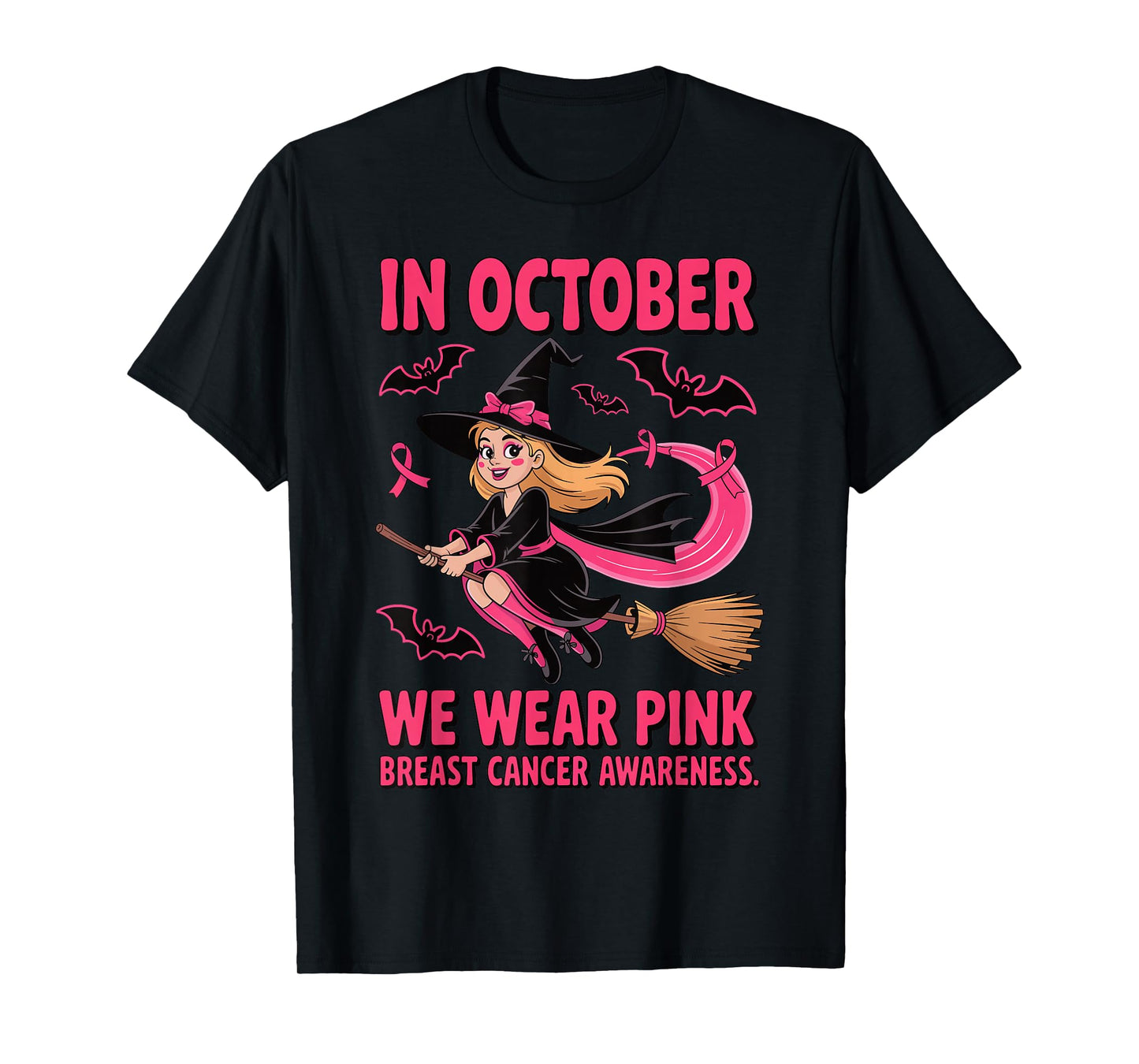 We Wear Pink in October Breast Cancer Women Halloween Witch T-Shirt