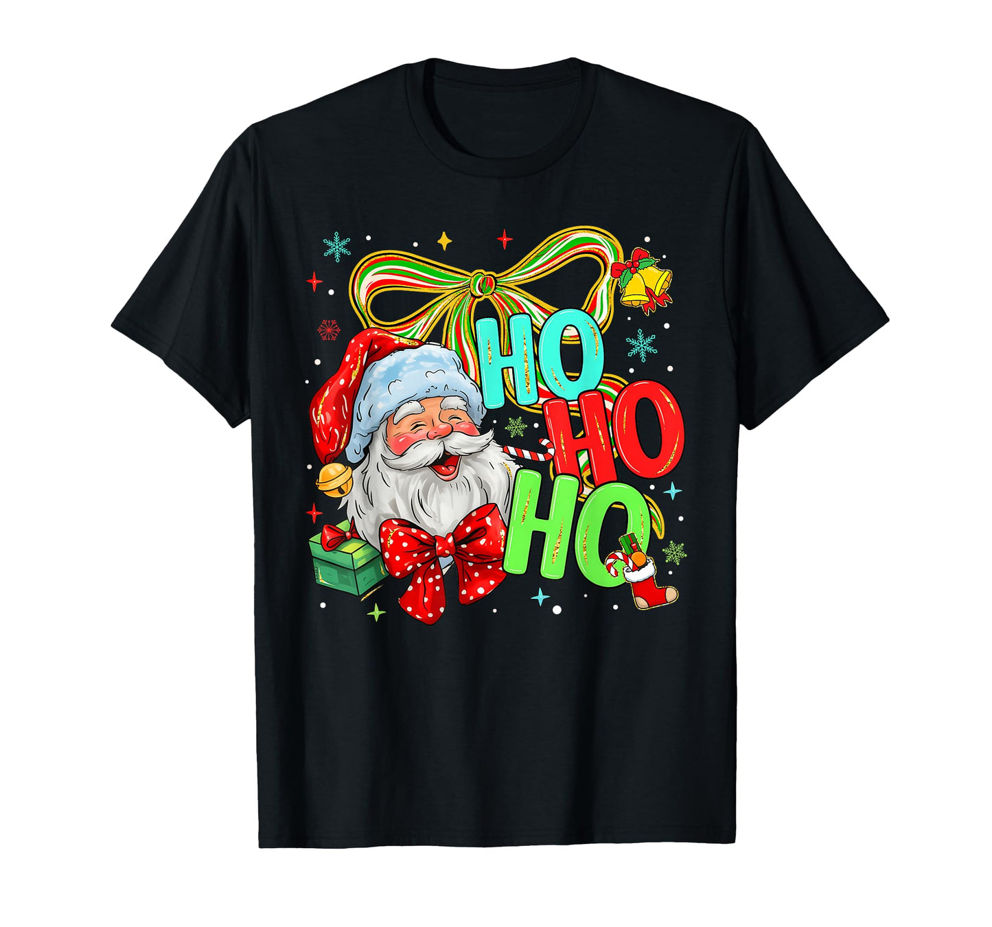 Christmas Santa Claus Ho Ho Ho Coquette Bow Pink Xmas Women T-Shirt