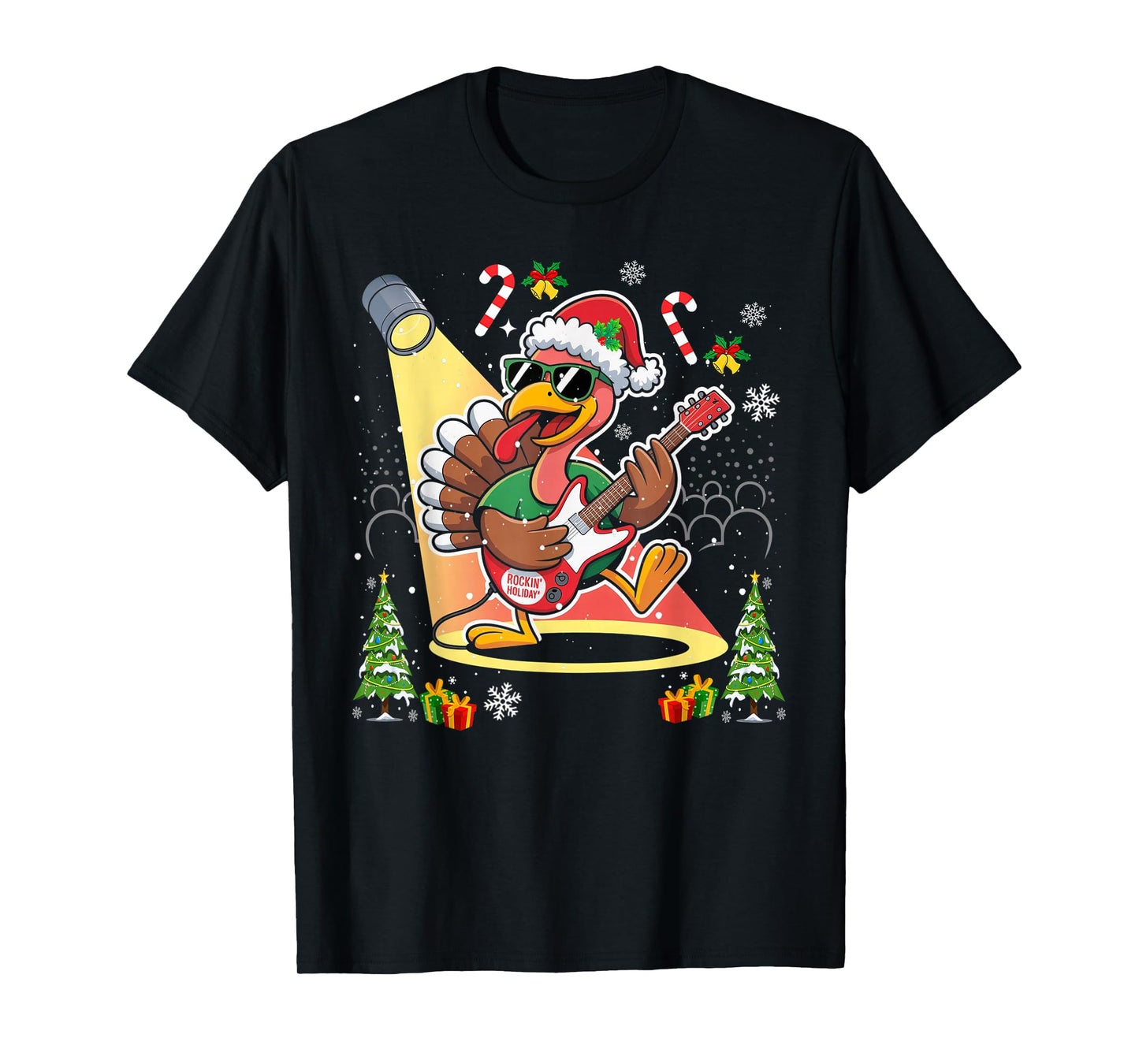 Funny Thanksgiving Santa Hat Turkey Rock Star Playing Guitar T-Shirt