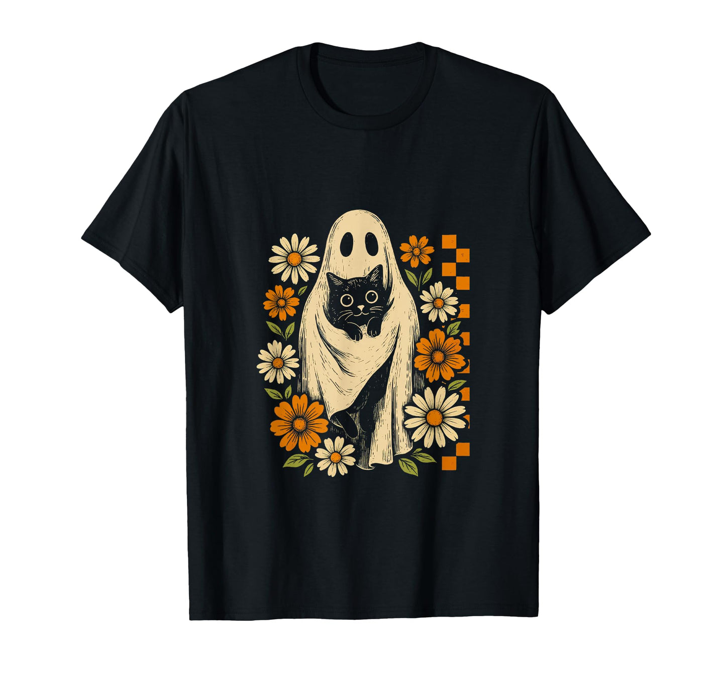 Vintage Halloween Ghost Holding Black Cat Groovy T-Shirt