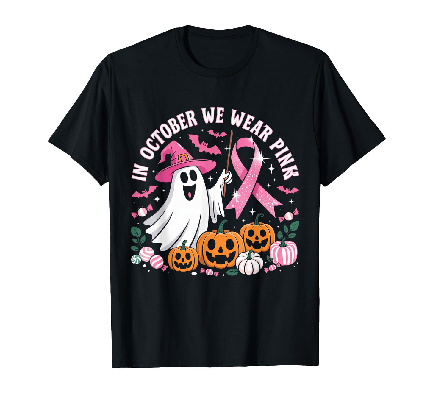 in October We Wear Pink Ghost Witch Breast Cancer Awareness T-Shirt