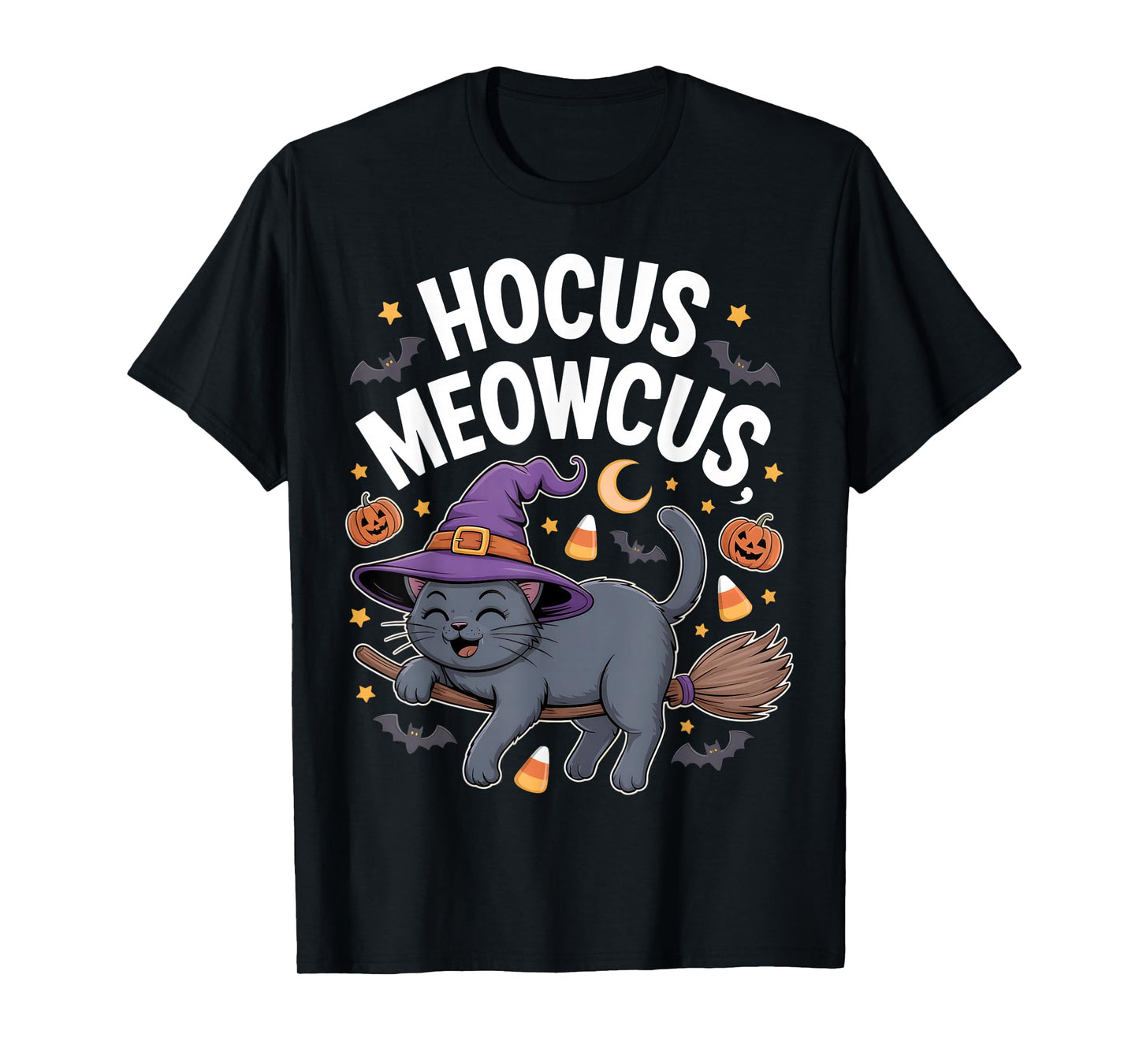Hocus Meowcus Black Cat Broom Vintage Cat Halloween Costume T-Shirt