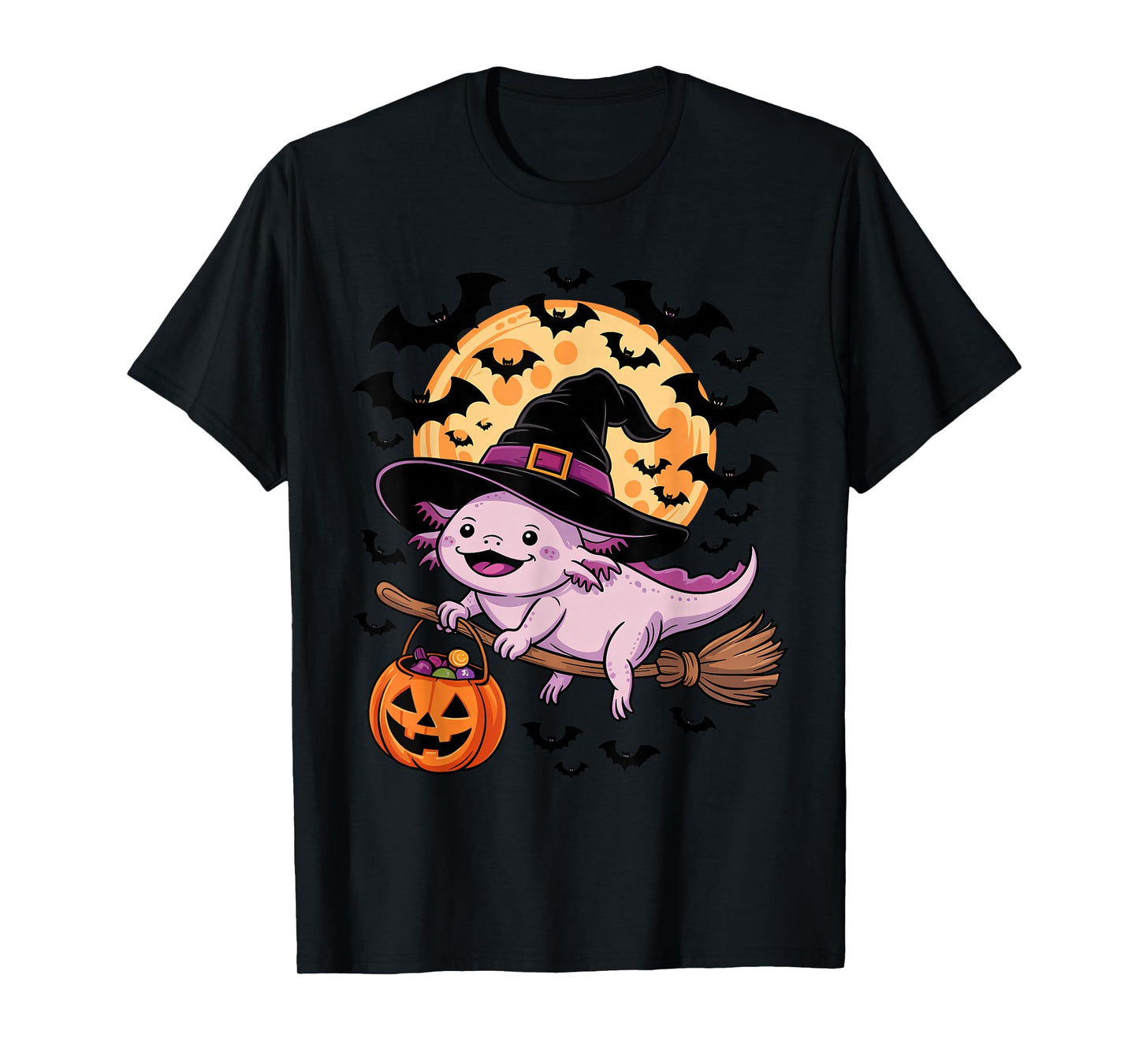 Trick or Treat Axolotl Witch Halloween Pumpkin Candy Bucket T-Shirt