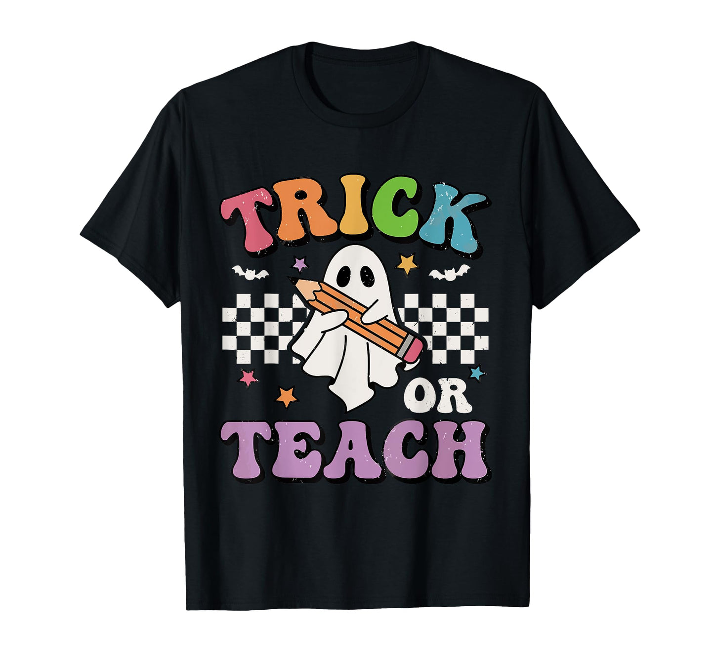 Trick Or Teach Groovy Teacher Halloween Retro Floral Ghost T-Shirt
