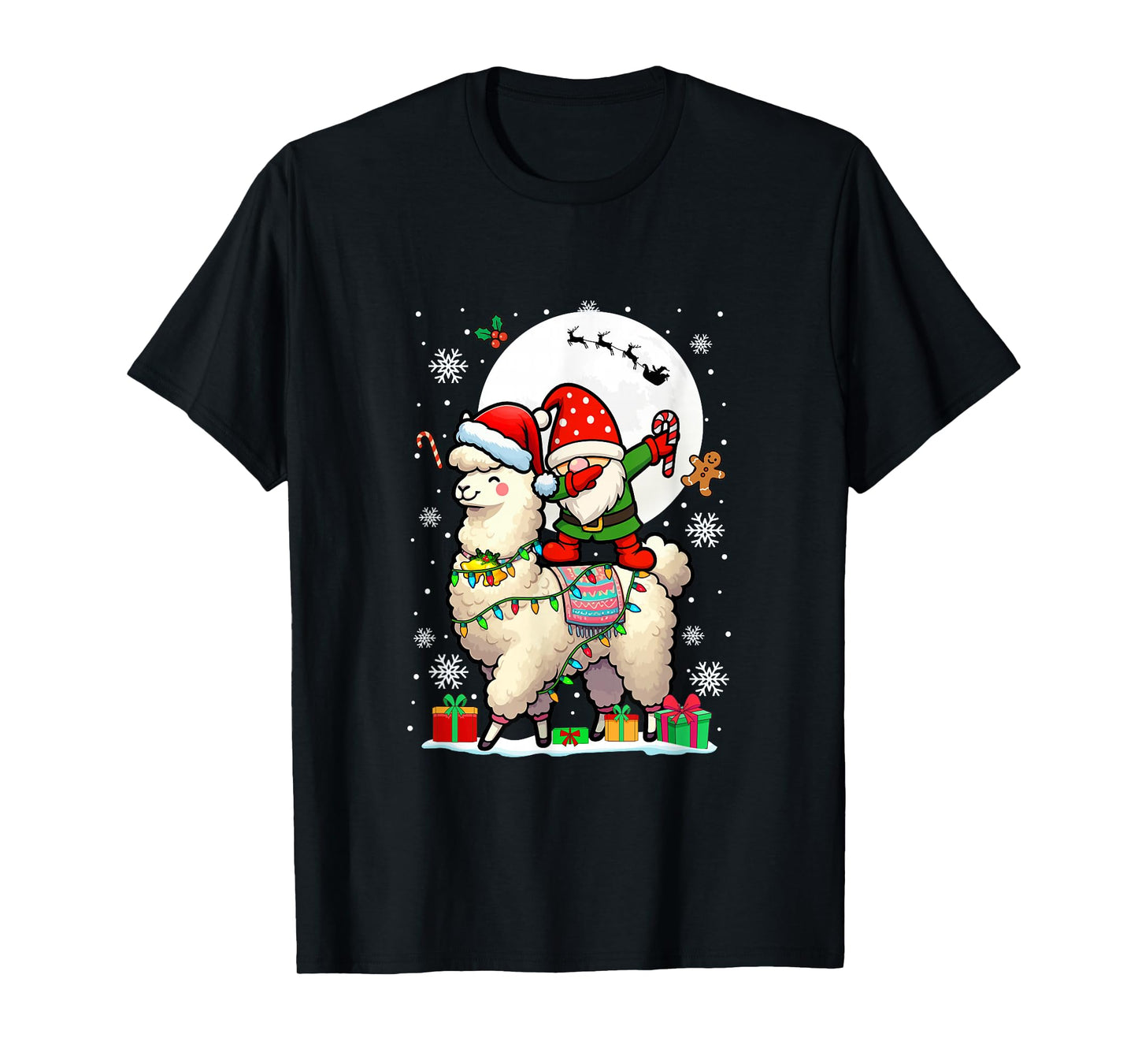 Dabbing Gnome On Llama Christmas Santa Colorful Lights T-Shirt