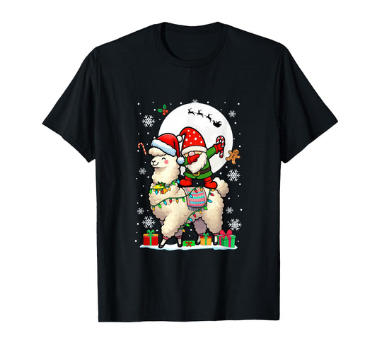 Dabbing Gnome On Llama Christmas Santa Colorful Lights T-Shirt