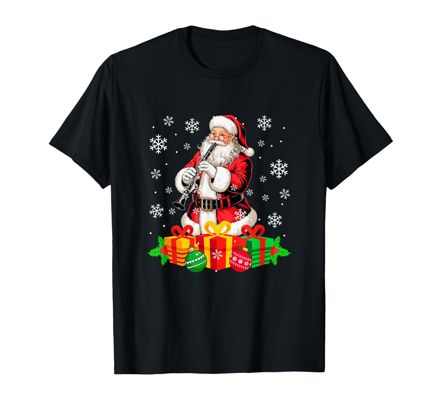 Santa Playing Clarinet Instrument Colorful Christmas Boxes T-Shirt