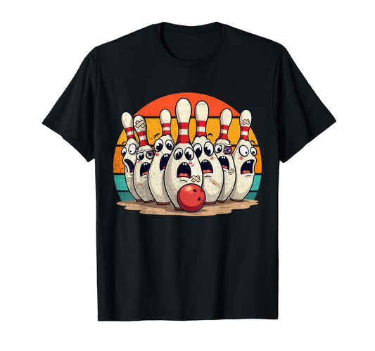 Funny Sport Bowler Scared Bowling Pins Retro Sunset Design T-Shirt