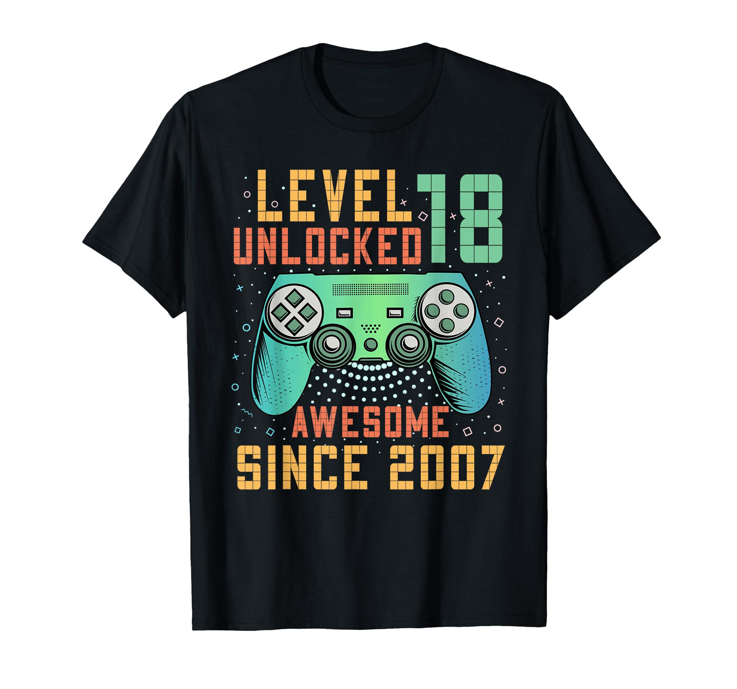 Awesome Since 2007 18 Birthday Boy Gamer Gifts Level 18 Unlocked 18th Birthday Black Gaming T-Shirt