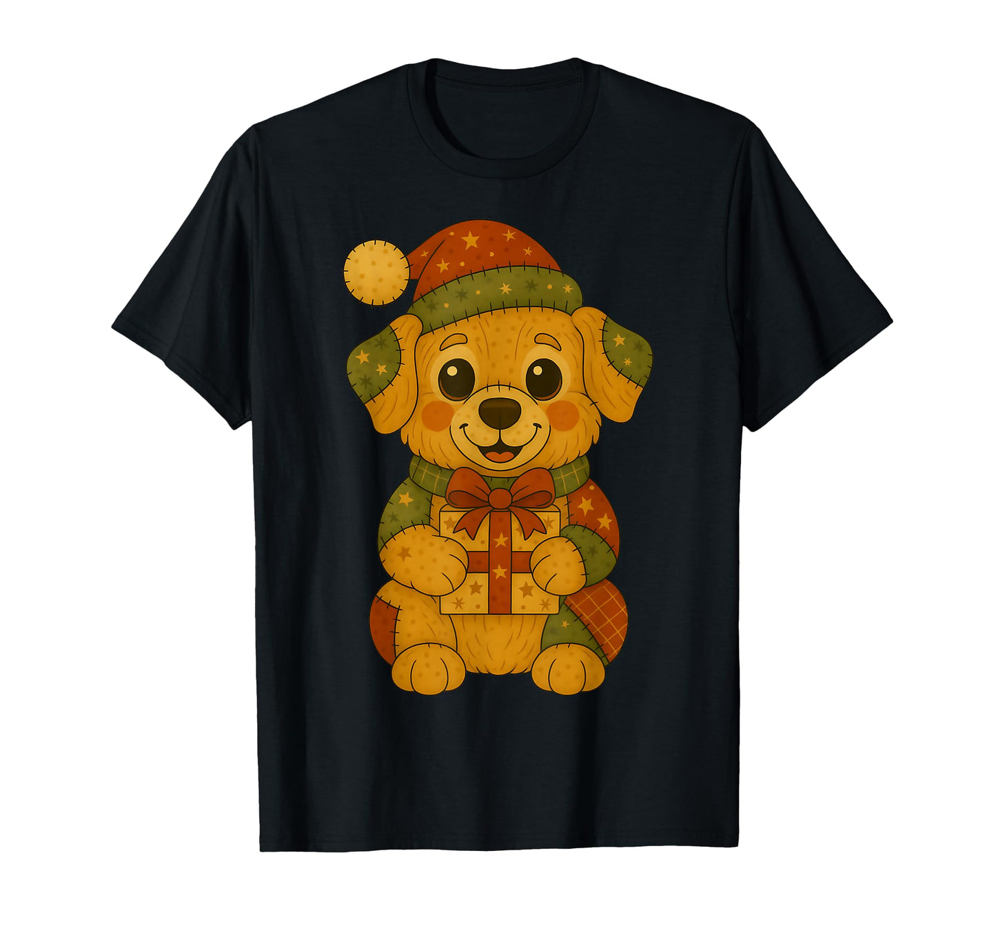 Patchwork Golden Retriever with Santa Hat for Christmas T-Shirt