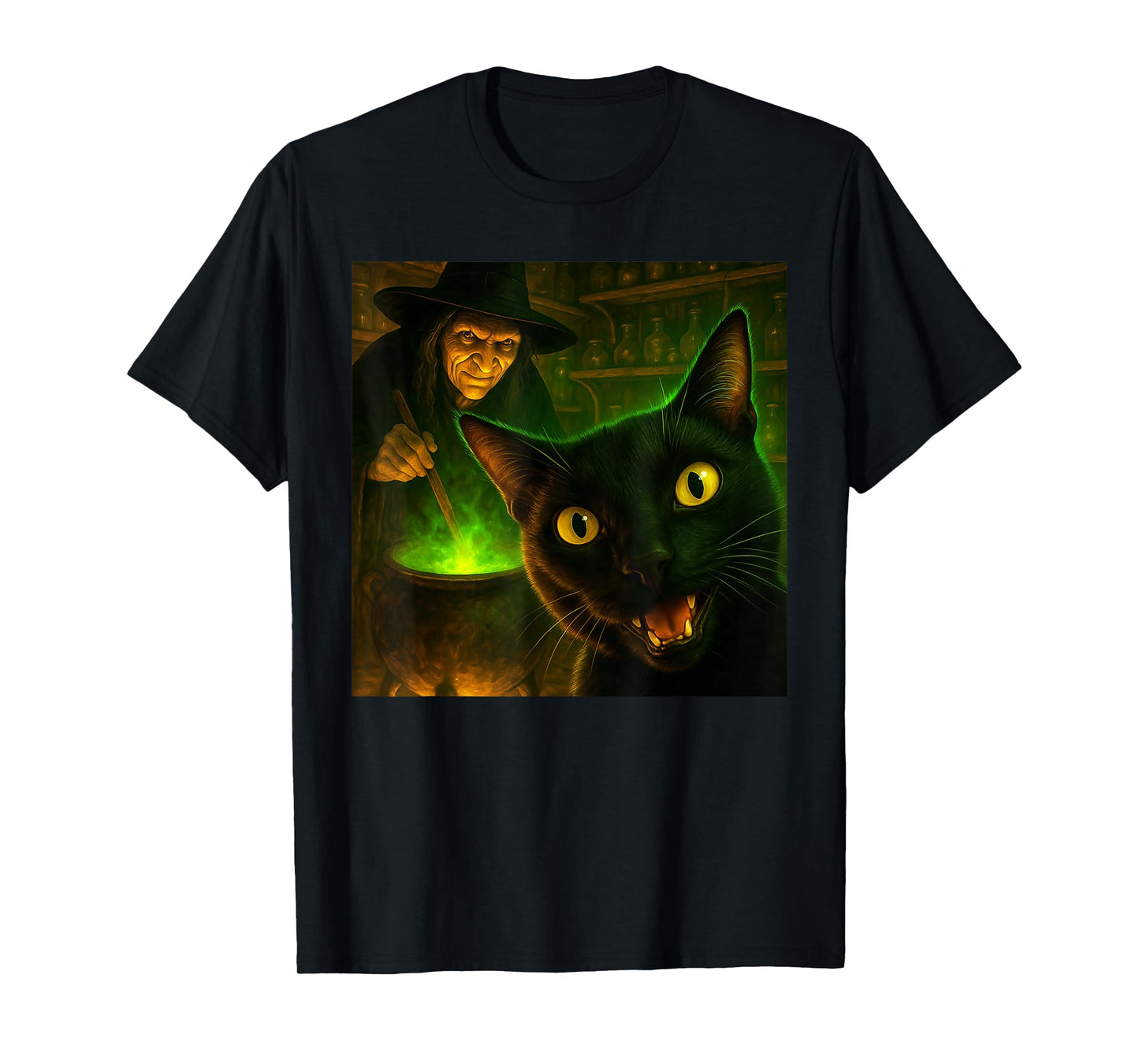 Funny Halloween Spooky Black Cat Witch Cauldron Selfie T-Shirt