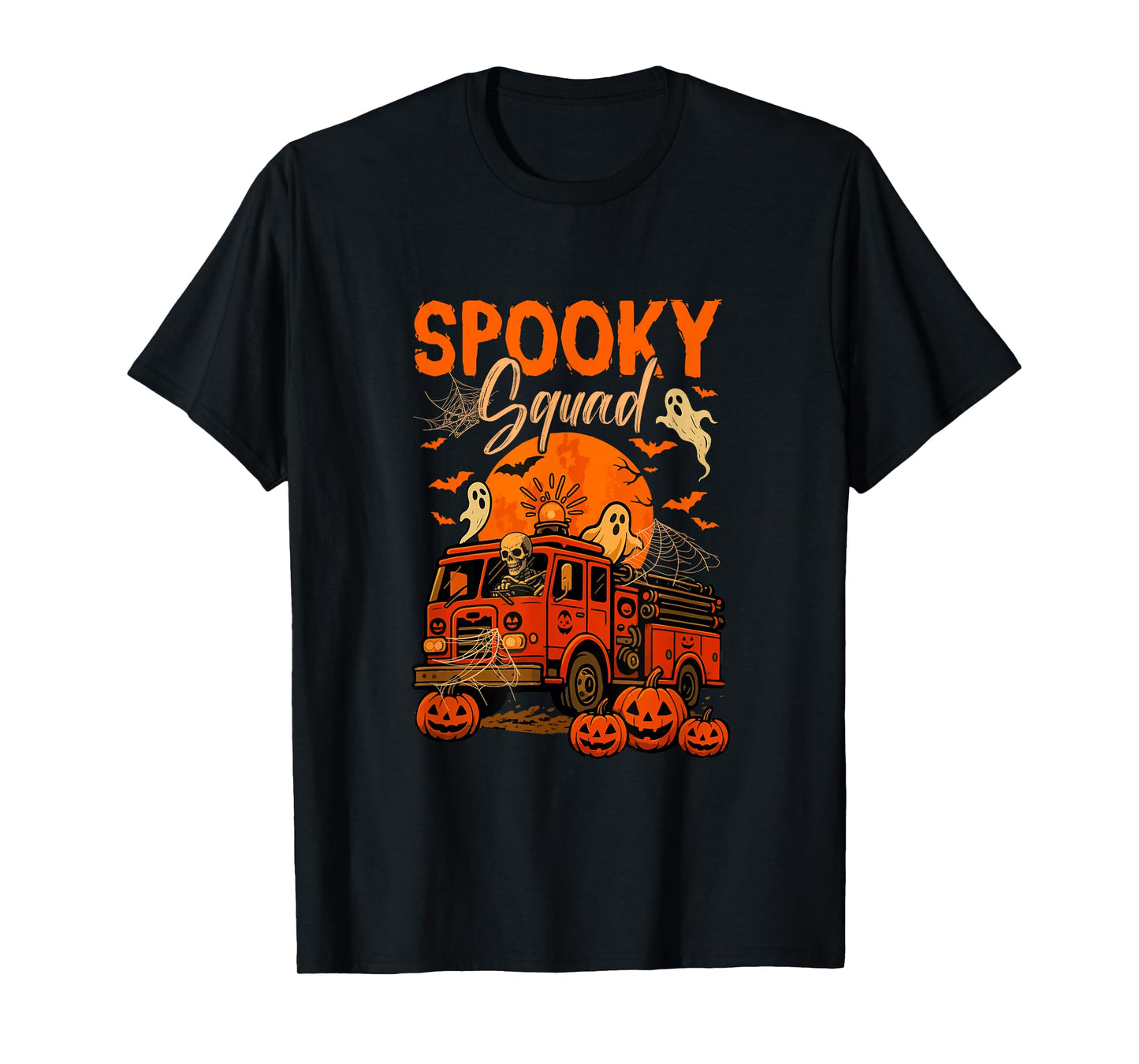 Spooky Halloween Squad Skeleton Driving Firetruck Horror Boo T-Shirt
