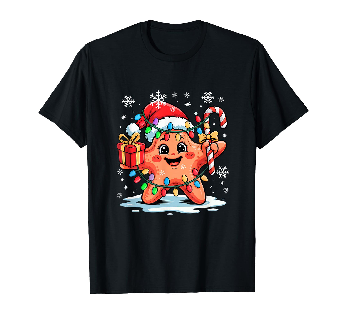 Santa Starfish Holding Candy Cane Xmas Box Colorful Lights T-Shirt
