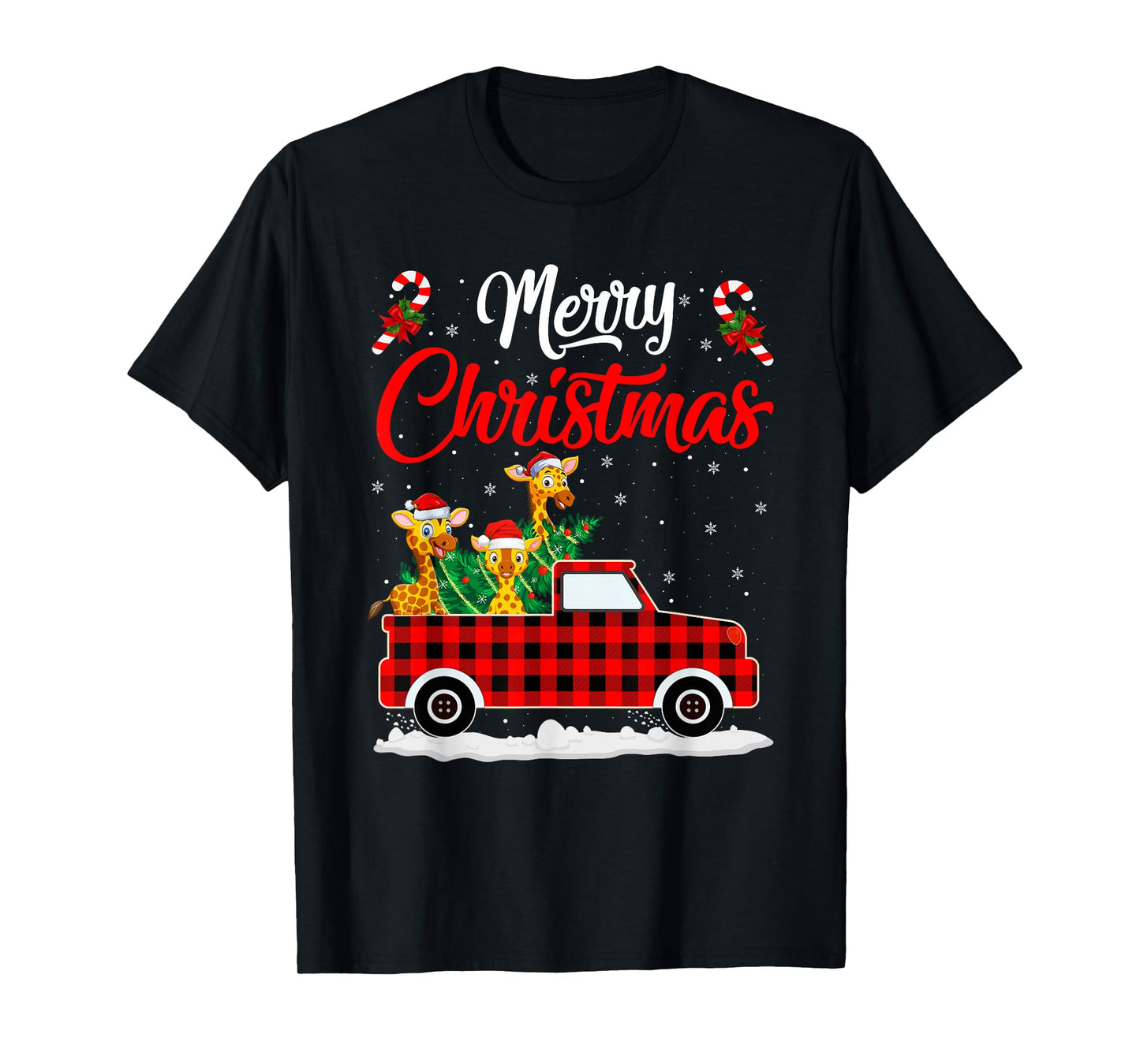 Giraffe Merry Christmas Tree Red Truck Buffalo Plaid Xmas T-Shirt