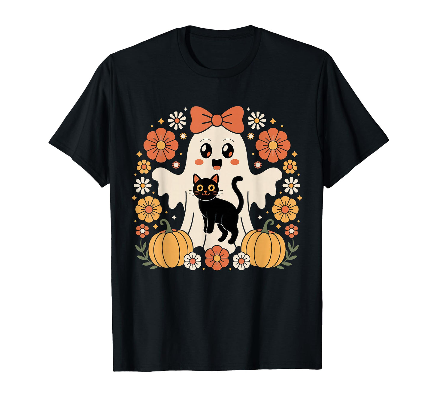 Vintage Halloween Ghost Holding Black Cat Groovy Floral T-Shirt
