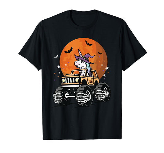 Cute Unicorn Witch Riding Skeleton Truck Halloween for Kids T-Shirt