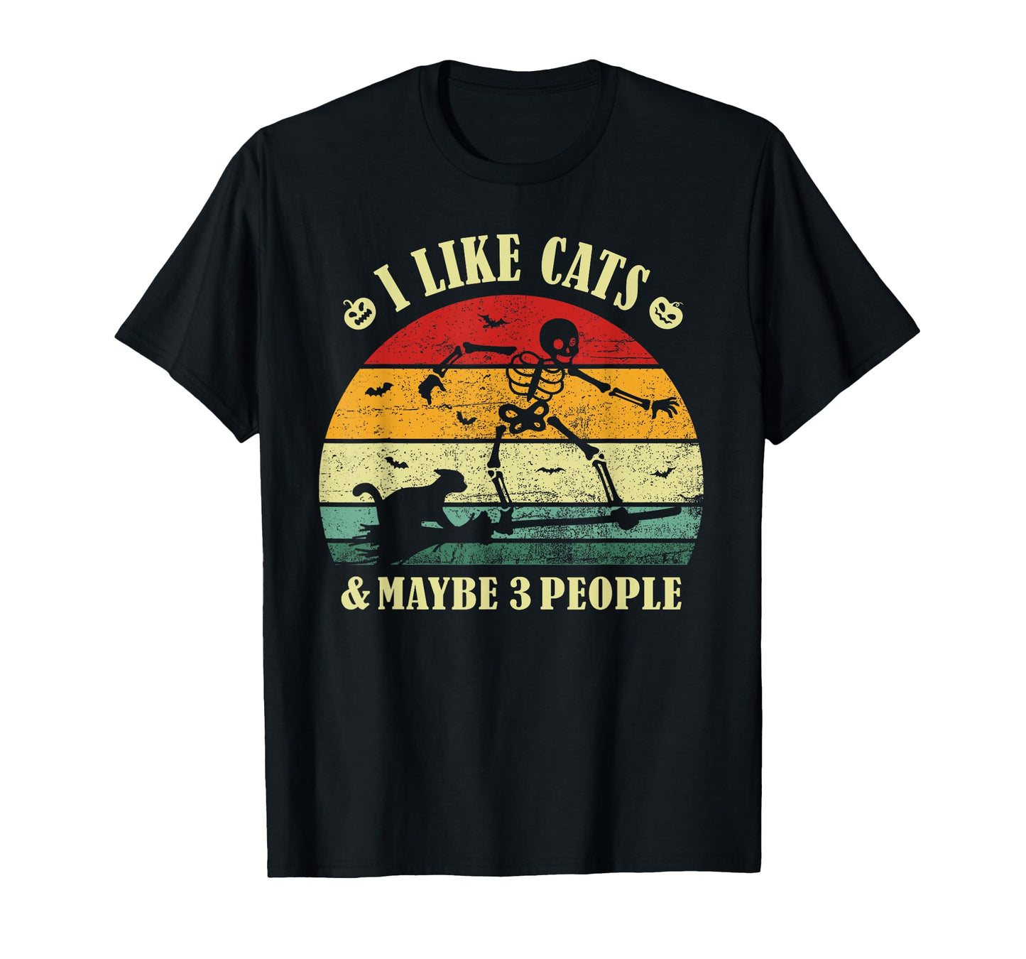 I Like Cats & Maybe 3 People, Vintage Skeleton Cat Halloween T-Shirt