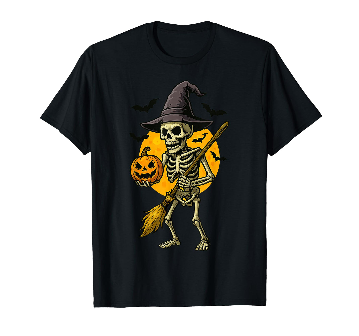 Halloween Skeleton Witch with Pumpkin & Broom Funny for Kids T-Shirt