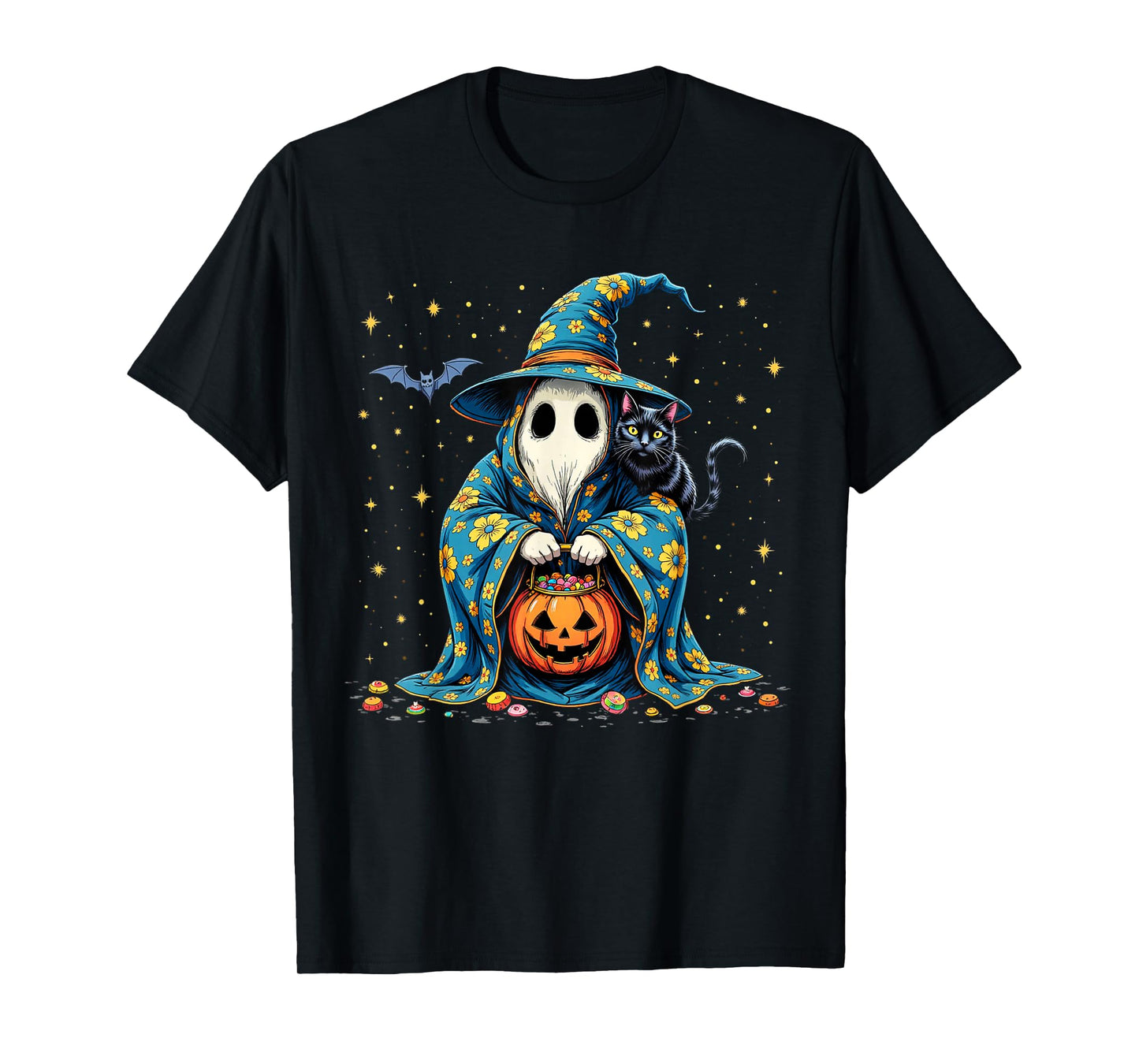 Ghost Holding Black Cat Lover Halloween 2025 Groovy Floral T-Shirt