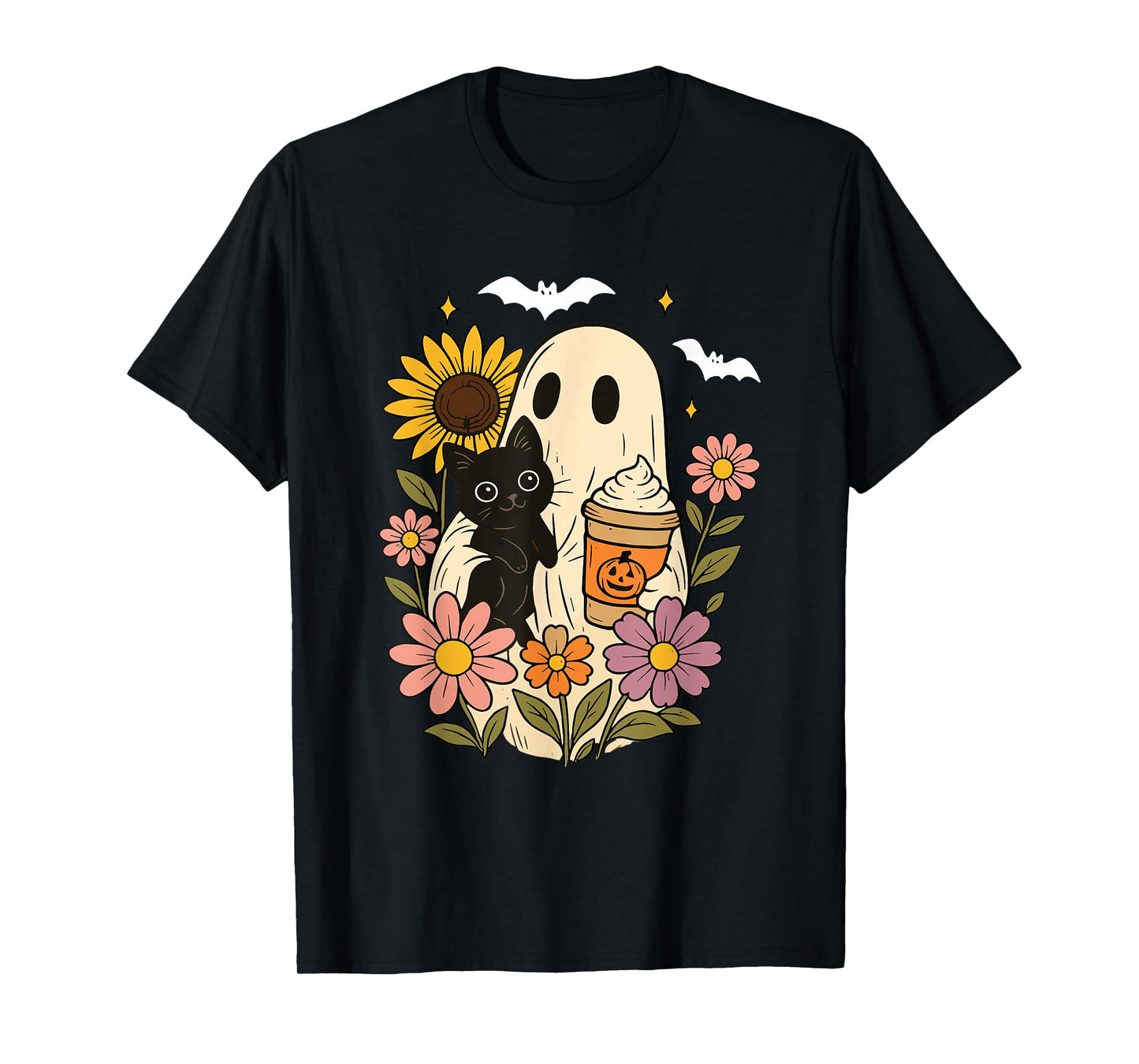 Floral Ghost Pumpkin Spice Halloween Ghost Holding Black Cat T-Shirt