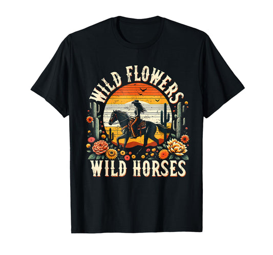 Sunset Cowgirl Riding Horse Wild Flowers Wild Horses T-Shirt