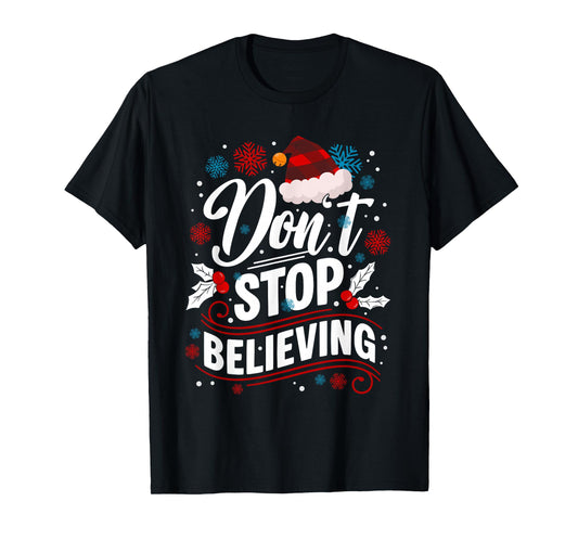 Don't Stop Believing Christmas Santa Claus Red Buffalo Plaid T-Shirt