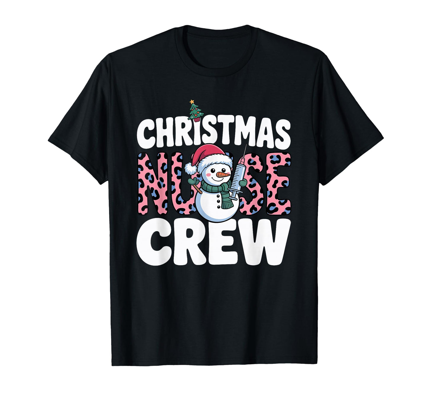 Nurse Christmas Crew Snowman Pink Leopard Print T-Shirt