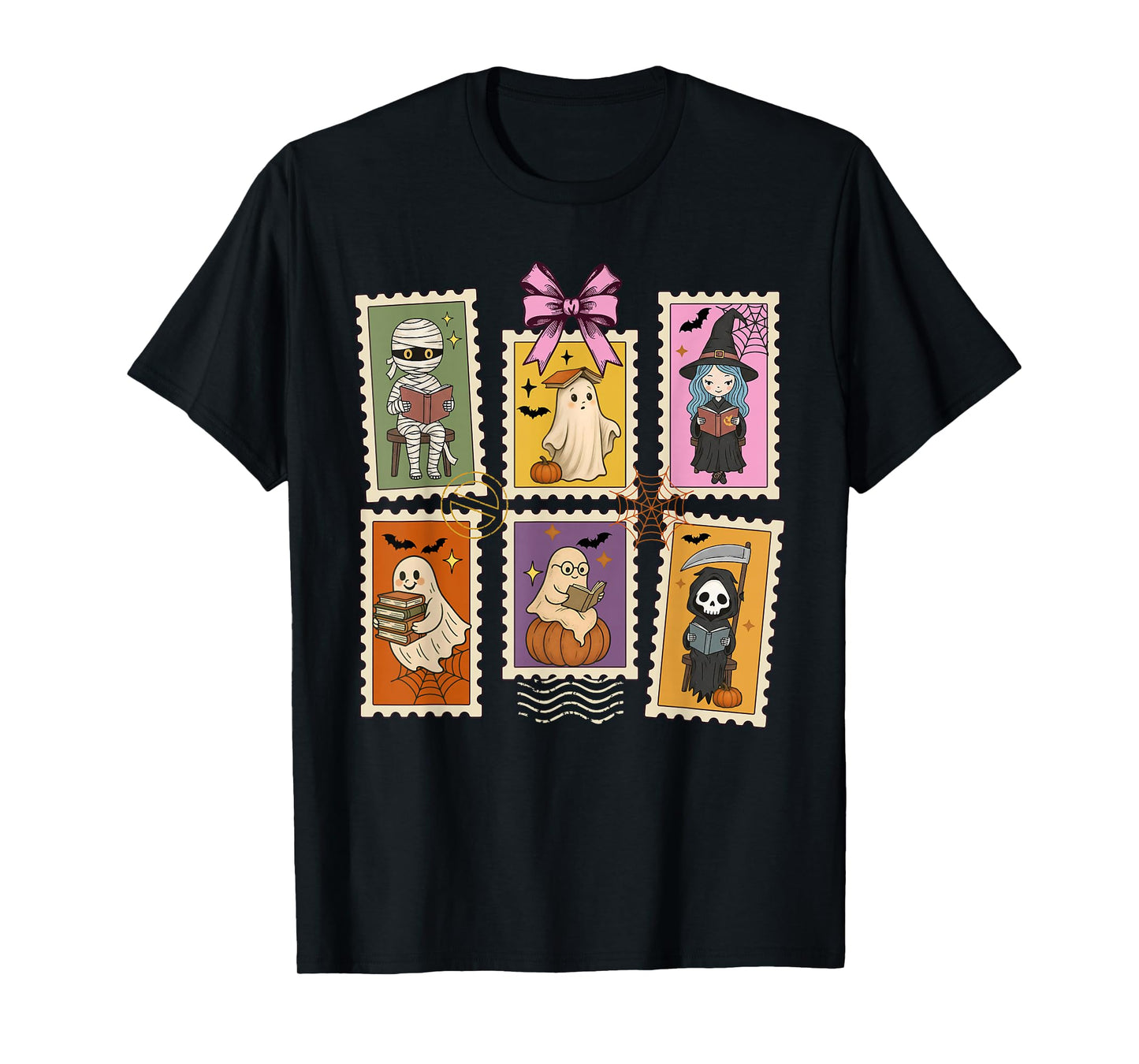 Halloween Teacher Ghost Reading Books Postage Stamp T-Shirt