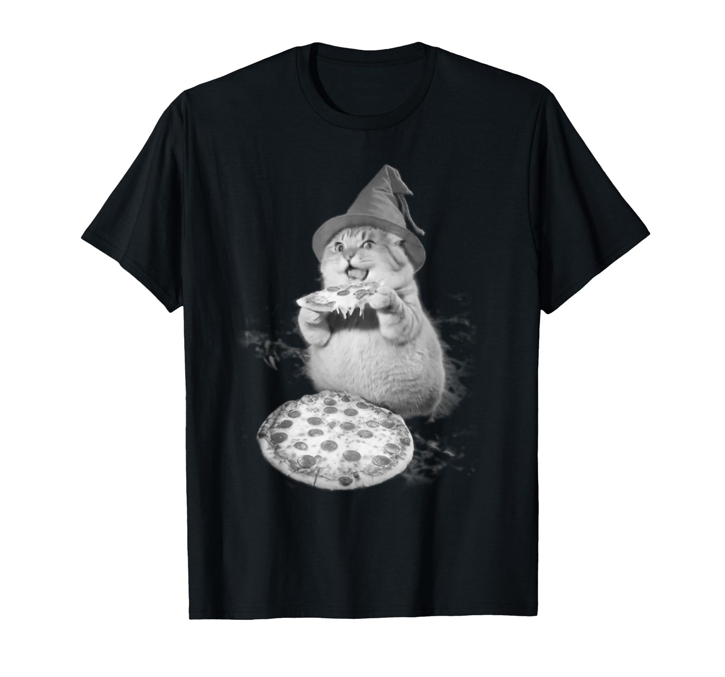 Vintage 90s Wizard Cat Eat Pizza Weird Funny Halloween Meme T-Shirt