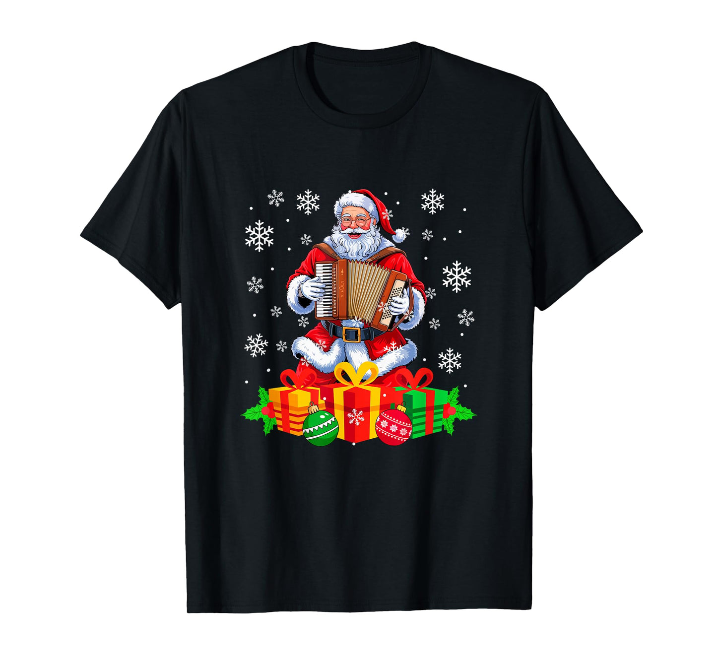 Santa Playing Accordion Instrument Colorful Christmas Boxes T-Shirt