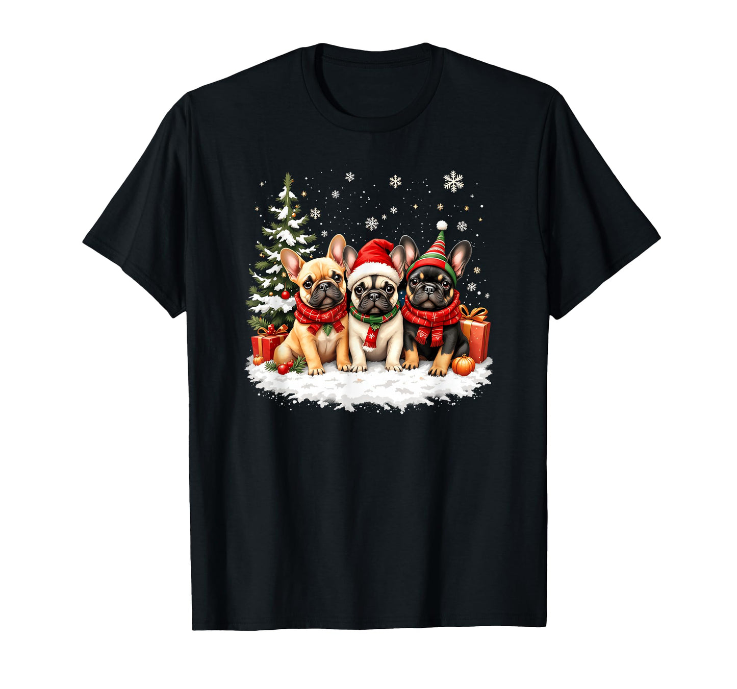 French Bulldog Christmas Trio with Santa Claus Snow Tree T-Shirt