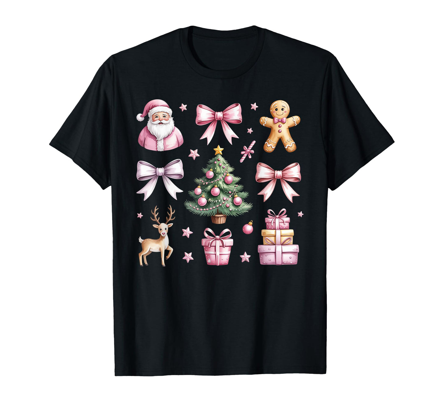 Cute Coquette Bow Pink Christmas Tree Santa Gingerbread Xmas T-Shirt