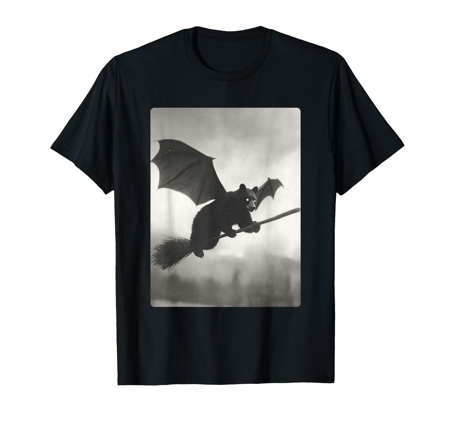 Gothic Bear Flying Witch Broom Bat Wings Spooky Halloween T-Shirt