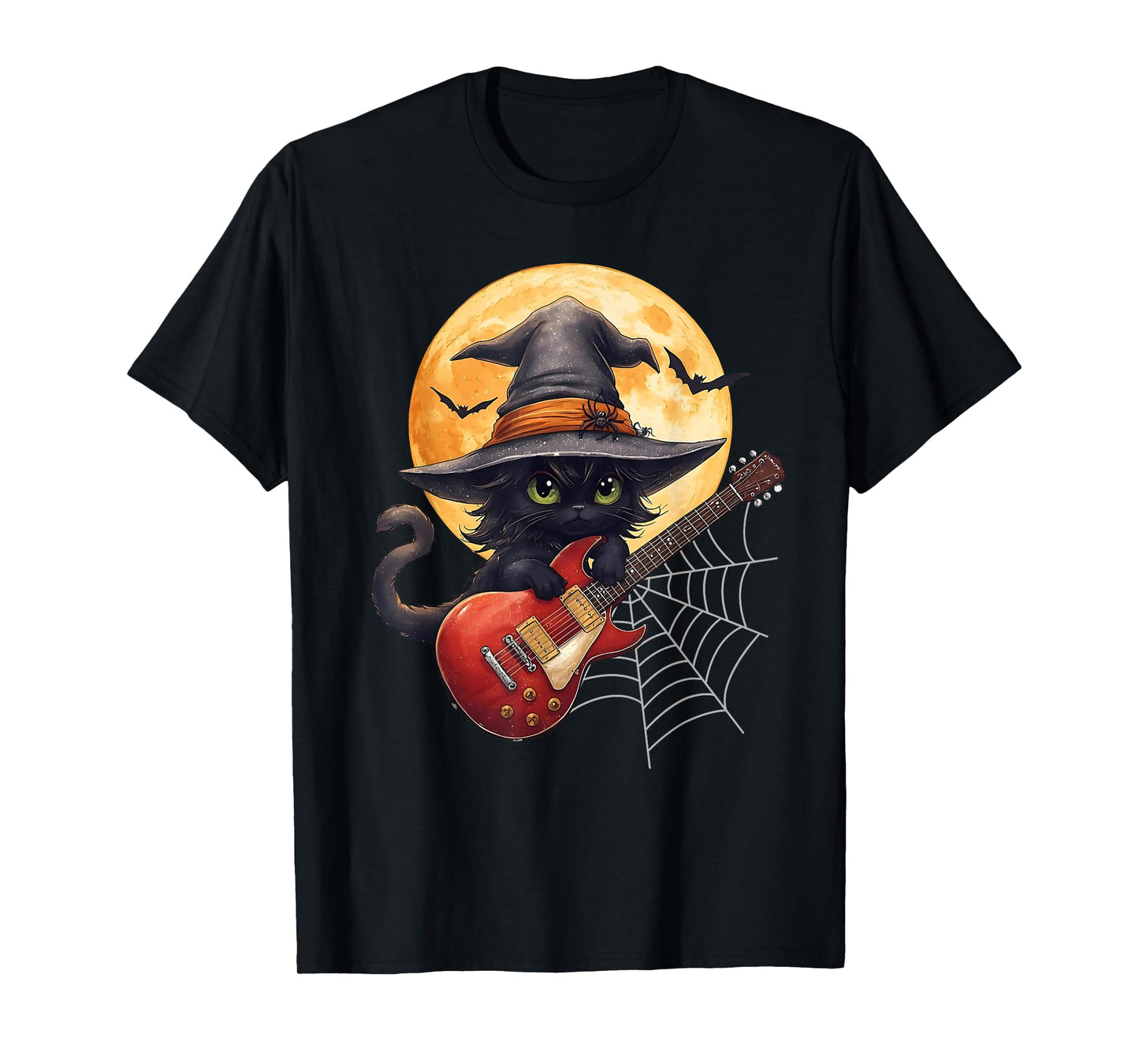 Witch Cat Playing Guitar Cat Halloween Cat Kitten Lover Kids T-Shirt